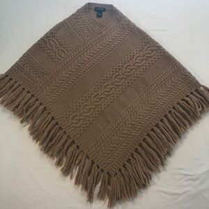 Lauren Ralph Lauren poncho, women’s, one size, brown, fringe, wool blend, BoHo